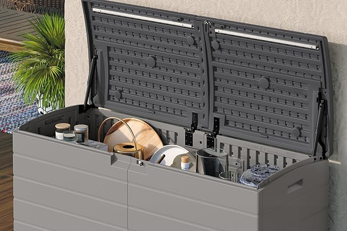 Suncast 120-Gal. All-Weather Patio Deck Box with Pad-Lockable Split Top Lid, Extra-Large Outdoor Storage Unit for Patio Furniture and Grill Tools, Made in the USA-DeskLoop Office