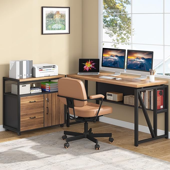 Tribesigns 55" Executive Desk with Reversible File Cabinet, Large L-Shaped Office Desk with Drawers, Business Furniture Workstation for Home Office (Dark Walnut, 55-inch)-DeskLoop Office
