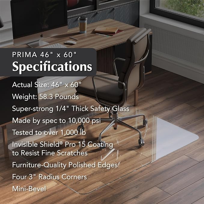 Vitrazza Glass Chair Mat 46” x 60” Superior ¼ Thick, Chiaro Standard Clear - Image 4