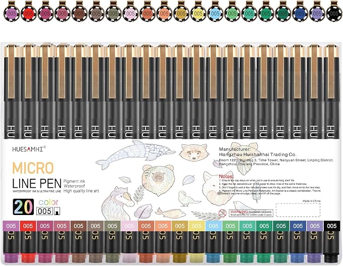 huesamhi 005 Micro Pen, 20 Colors Waterproof Ink 0.20mm Fine Tip FineLiner Pens by Unknown