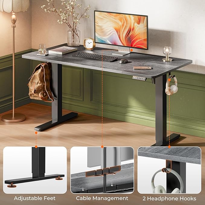 Huuger 55 x 28 Large Electric Standing Desk, Height Adjustable Desk, 27.6" Deep Desktop, Stand up Gaming Computer Office Desk with 2 Hooks, 3 Preset Heights, for Home Office, Grey-DeskLoop Office