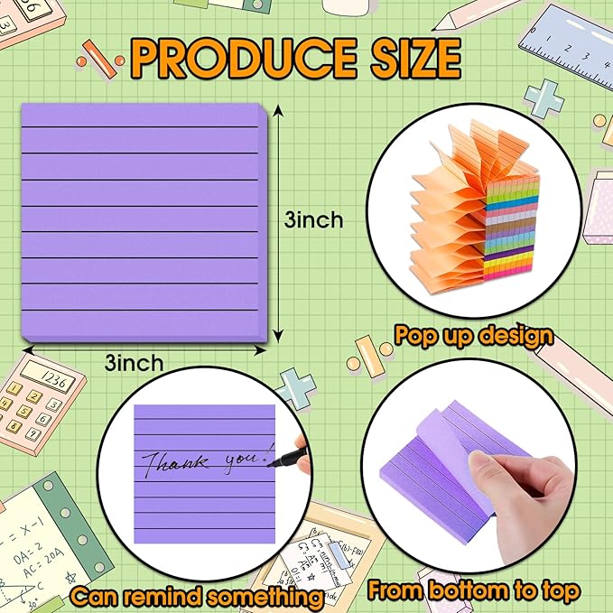 14 Pads Pop Up Sticky Notes,1400 Sheet Lined Sticky Notes 3x3 Inch,Self-Stick Notes Pads with Lines,Bright Multi Colors Easy Post Notes Pop up Refill for Office Study School Daily Life,100 Sheets/Pad-DeskLoop Office