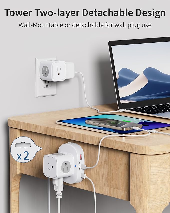 2 Prong Power Strip, 2 to 3 Prong Outlet Adapter with 9 Outlets 3 USB Ports (2 USB C), 1700J Two Prong Surge Protector, 5FT Power Strip Tower, Wall Mount for Old House Non-Grounded Outlets-DeskLoop Office