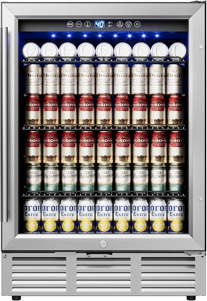 24 Inch Beverage Refrigerator, Beverage Cooler 180 Can Built-in Design, Under Counter Beer Fridge with Glass Door for Soda, Wine, Water - For Kitchen, Office or Bar-DeskLoop Office