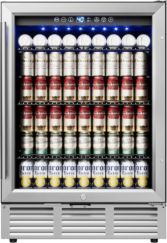 24 Inch Beverage Refrigerator, Beverage Cooler 180 Can Built-in Design, Under Counter Beer Fridge with Glass Door for Soda, Wine, Water - For Kitchen, Office or Bar-DeskLoop Office