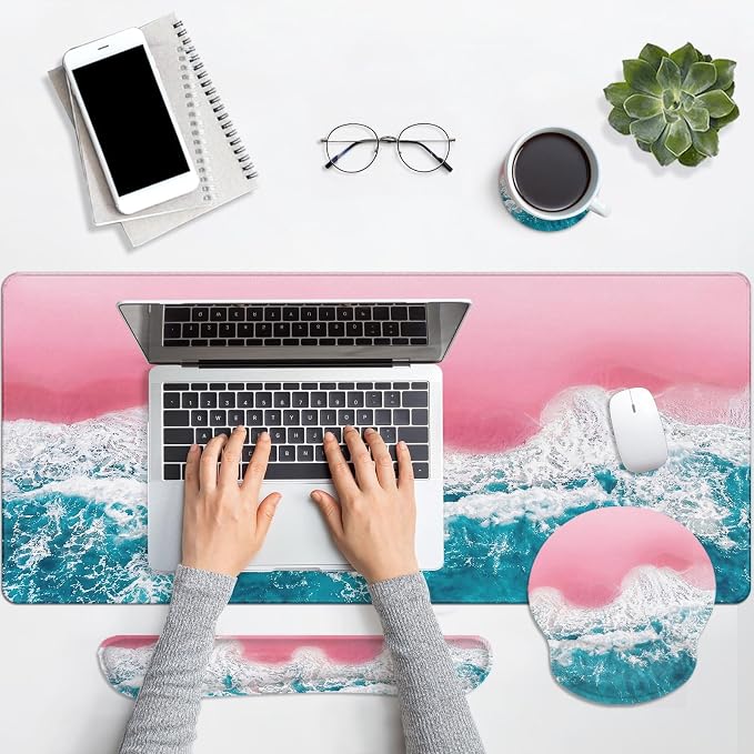 Britimes Blue Sea Keyboard Mouse Pad Set Pink Sand Beach 4in1 Large - Image 7