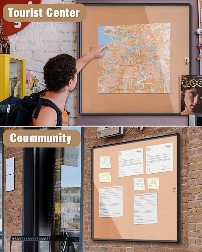 38"x38" Enclosed Bulletin Board, Lockable Weather-Resistant Aluminum Cork Noticeboard for School & Office Hospital, Black Frame w/Cork-DeskLoop Office