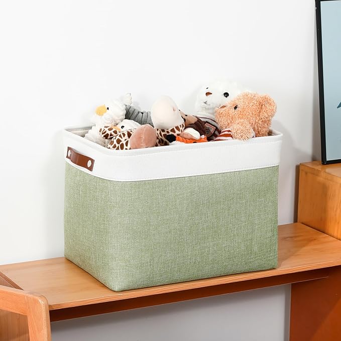 DULLEMELO 16 inch Fabric Storage Basket, Decorative Storage Boxes with Leather Handle for Closet Shelf Nursery, Collapsible Linen Storage Bins for Organizing Toys Book Towel Organizers(White&Green)-DeskLoop Office
