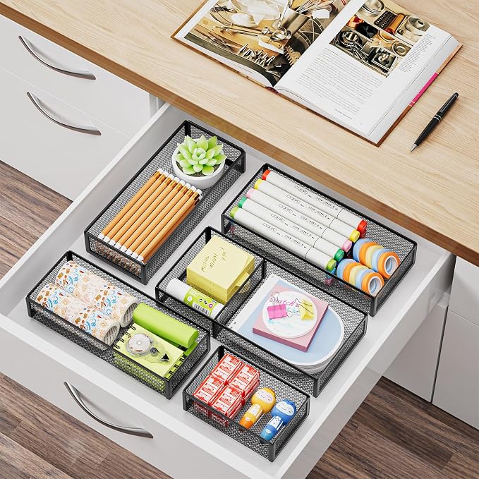Marbrasse 5 Pack Desk Drawer Organizer Set, Mesh Drawer Storage Trays - Image 6