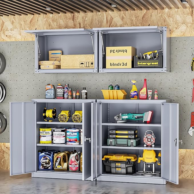 INTERGREAT Metal Cabinet with Lock, Lockable Metal Storage Cabinets with Doors and Shelves for Garage, Cement Grey Locking Garage Storage Cabinets 36"×32"×16"-DeskLoop Office