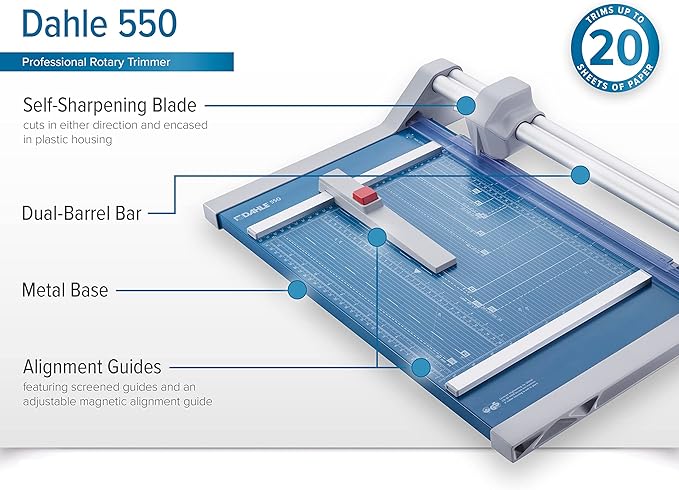 Dahle 550 Professional Rotary Trimmer, 14" Cut Length, 20 Sheet Capacity, Self-Sharpening, Dual Guide Bar, Automatic Clamp, German Engineered Paper Cutter-DeskLoop Office