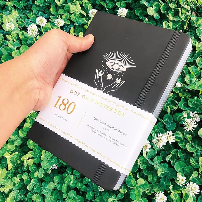 Dotted Notebook Journal 180GSM Bamboo Thick White Paper 160 Pages 5 * 5MM Dot Grid, Lay Flat Binding,Colored Silver Edges, Bookmarks and Expandable Back Pocket (BKP-9)