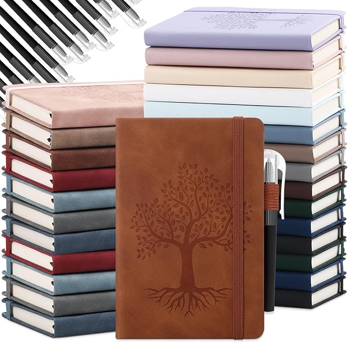 Estune Tree Small Notebooks Pen Leather Lined Pocket Subject Notebooks Hardcover Pocket Notepad Cute Ruled Leather Journals with Pen Holder for Men Women School Business, A6(Retro Color,30 Set)-DeskLoop Office
