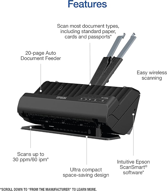 Epson - Workforce ES-C320W - Wireless Compact Desktop Document Scanner - 2-Sided Scanning and Auto Document Feeder - Paper and Card Scanner - Black-DeskLoop Office