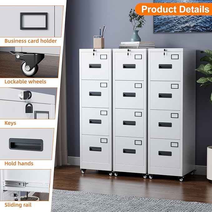 Aobabo 56" H 4 Drawer Moblie Office File Cabinet with Lock, Rolling Metal Filing Storage Cabinet, Legal/Letter A4 Size, White, Assembly Required-DeskLoop Office