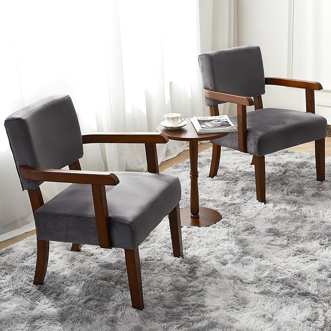 Accent Chair Set of 2 with Table, Living Room Chairs with VelvetSoft Seat and Armrests for Living Room Bedroom Reading Room Waiting Room (Greyvelvet)-DeskLoop Office
