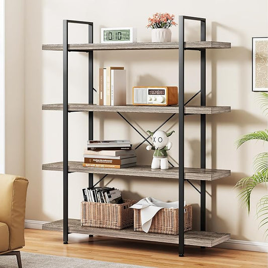 Heavy Duty 4-Tier Industrial Bookcase, 47" Wide Wood Bookshelf for Home Office, 120lbs Shelf Capacity, Rustic Shelving Display with Reinforced Horizontal Shelf for Living Room Bedroom,Grey-DeskLoop Office