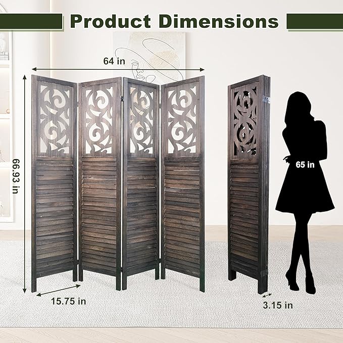 NicBex 4 Panel Room Divider,5.6FT Wood Carved Room Dividers,Folding Privacy Screens Portable Freestanding Partition Wall Dividers for Room Separation,Home Bedroom Office,Rustic Brown-DeskLoop Office