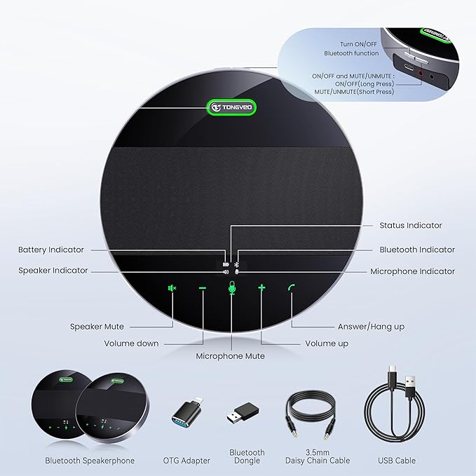 2-in-1 Conference Speaker and Microphone, Daisy Chain Wireless Bluetooth Speakerphone with 360° omnidirectional mics USB/Dongle/Bluetooth Connection 18H Talk Time for 15-30 People Meeting-DeskLoop Office