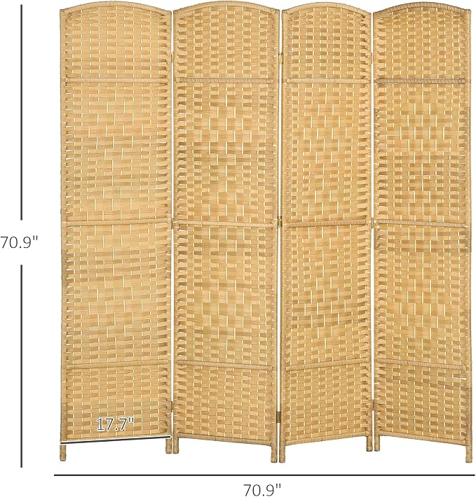 HOMCOM 4 Panel Room Divider, Hand-Woven Freestanding Wood Partition - Image 7