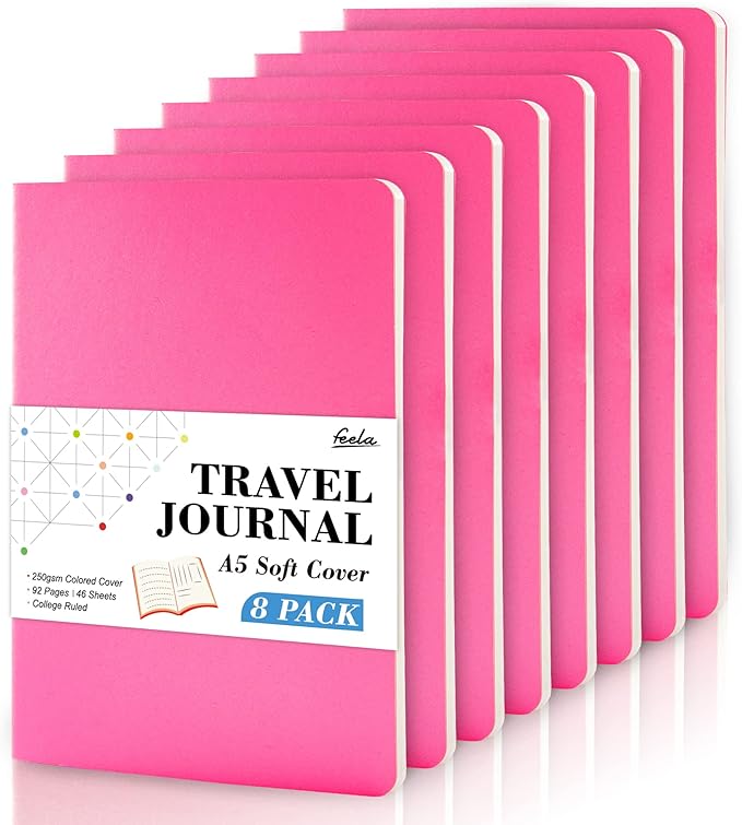 8 Pack Soft Cover Journal Bulk, Feela Notebooks College Ruled for Work, Lined Travel Journal for Women Men, Note Taking Notebook School Supplies Business Writing, 8.2” x 5.5”, A5, Berry-DeskLoop Office