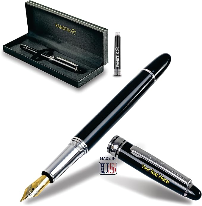 Customized Fountain pen with name (MADE IN USA), stainless steel, black and Silver, luxury engraved pen personalized for men and for women. (Fountain Black-Silver)-DeskLoop Office
