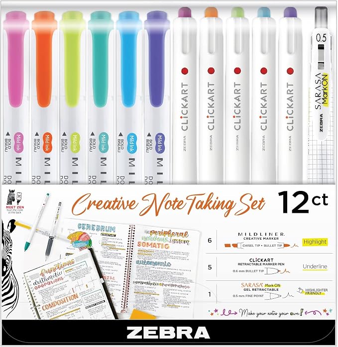 Zebra Pen Creative Notetaking Set 12-Pack, Includes 6 Highlighters, 5 CLiCKART by ZebraPen