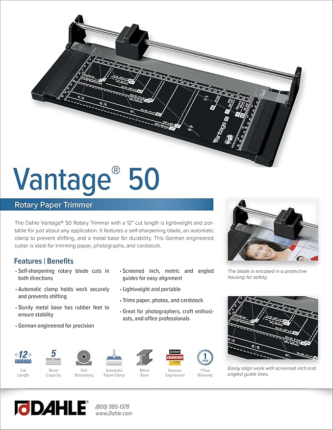 Dahle Vantage 50 Rotary Trimmer, 12" Cut Length, 5 Sheet Capacity, Self-Sharpening, Automatic Clamp, German Engineered Paper Cutter-DeskLoop Office