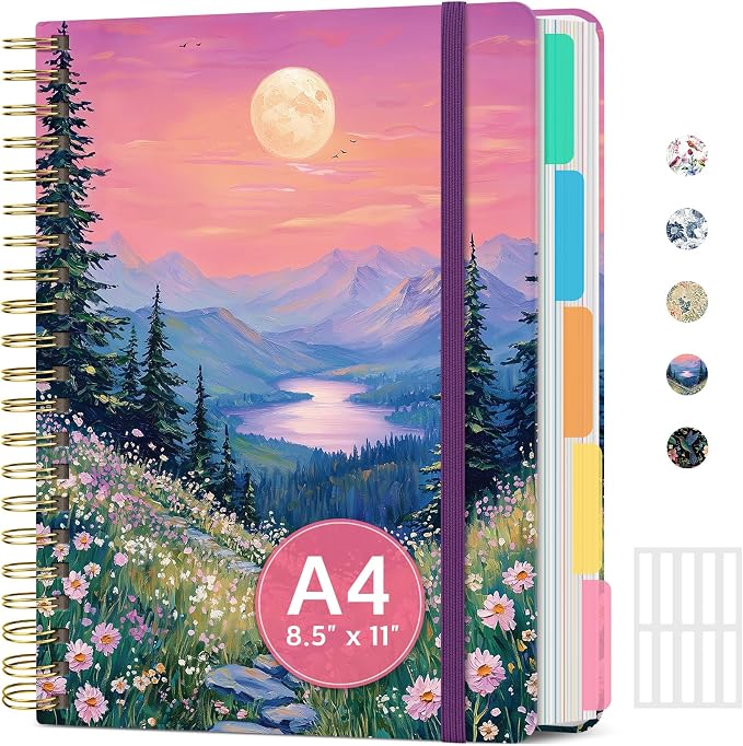 Large Lined Spiral Journal for Women Cute Hardcover 5 Subject Notebook for Work by Taja