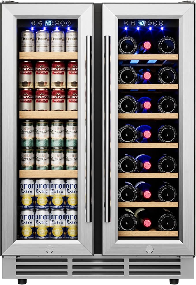 24" Wine and Beverage Refrigerator, Dual Zone Wine Cooler with Glass Door, Hold 88 Cans & 21 Bottles, Built in or Freestanding Under Counter Wine Fridge with Blue LED Light.-DeskLoop Office