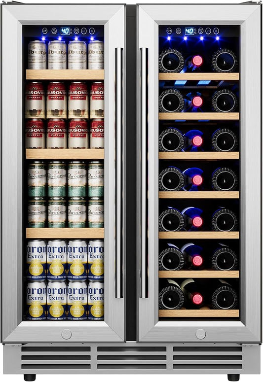 24" Wine and Beverage Refrigerator, Dual Zone Wine Cooler with Glass Door, Hold 88 Cans & 21 Bottles, Built in or Freestanding Under Counter Wine Fridge with Blue LED Light.-DeskLoop Office