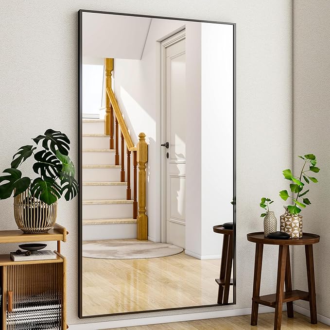 Full Length Mirror with Stand - 38"x77" Full Body Mirror for Floor, Wall Hanging or Leaning - Aluminum Alloy Frame for Living Room, Bedroom, Cloakroom - Black-DeskLoop Office