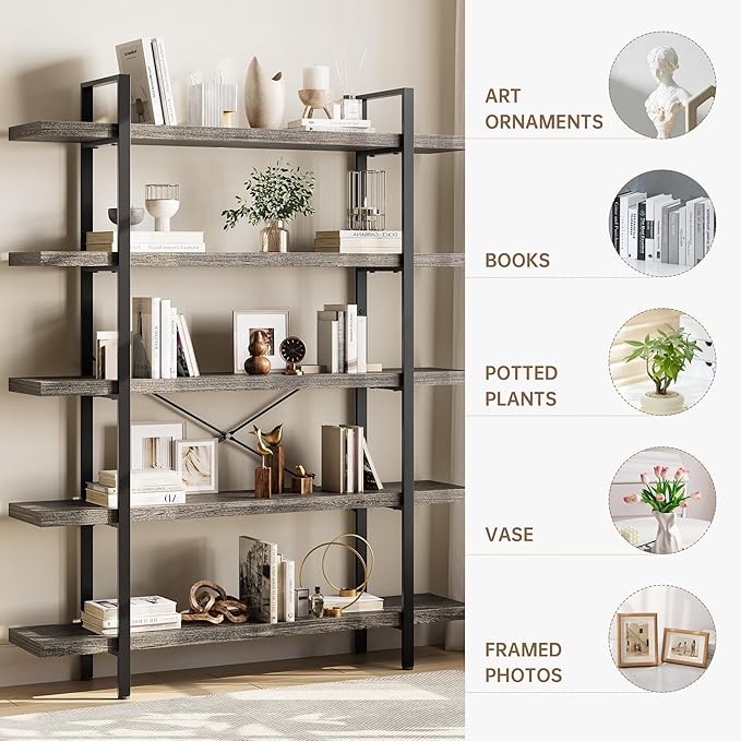 Heavy Duty 5-Tier Industrial Bookcase, 47" Wide Wood Bookshelf for Home Office, 120lbs Shelf Capacity, Rustic Shelving Display with Reinforced Horizontal Shelf for Living Room Bedroom,Grey-DeskLoop Office