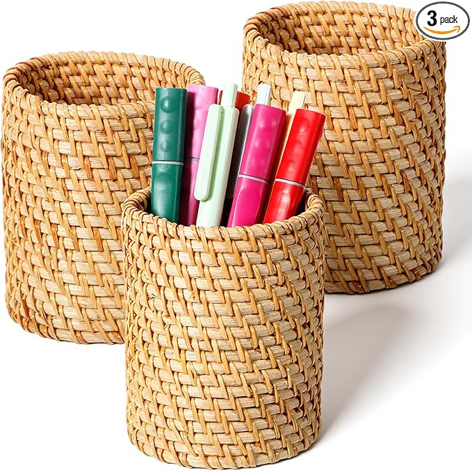 3 Pcs Rattan Pencil Holder, Handmade Pen Cup Durable Cylinder Makeup Brush by Unknown