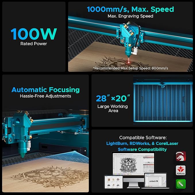 OMTech 100W CO2 Laser Engraver with Water Chiller, 28"x20" Laser Engraving Machine with Autofocus 2 Way Pass-Throughs Built-in Air Assist, Laser Cutter for Wood Glass Acrylic More-DeskLoop Office