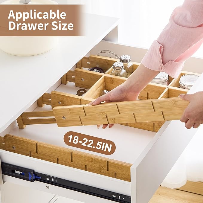 Bamboo Drawer Dividers with Inserts kitchen drawer organizer Adjustable Expandable 8 Pack Organizer Set for Kitchen Bedroom Bathroom Office 8 Dividers with 16 Inserts (Natural, Large (18-22.5IN))-DeskLoop Office