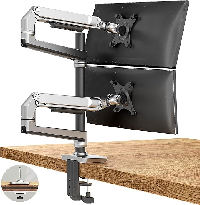 Dual Monitor Mount, Holds Screens up to 40 Inches and 25 lbs, Fully Adjustable Dual Monitor Arm with C-Clamp and Grommet Base, Aluminum, Silver-DeskLoop Office