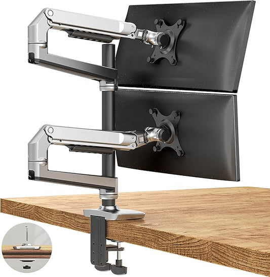 Dual Monitor Mount, Holds Screens up to 40 Inches and 25 lbs, Fully Adjustable Dual Monitor Arm with C-Clamp and Grommet Base, Aluminum, Silver-DeskLoop Office
