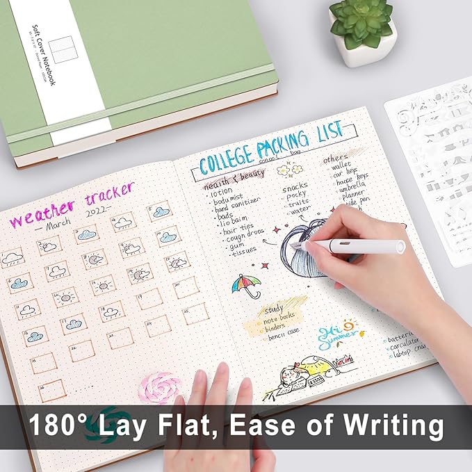 AHGXG Bullet Dotted Journal - 320 Pages Dot Grid Notebook B5 Large Journal, 100gsm Thick Dotted Paper, Leather Softcover, with Journal Stencils, Inner Pocket, 7.6'' X 10'' - LightGreen-DeskLoop Office