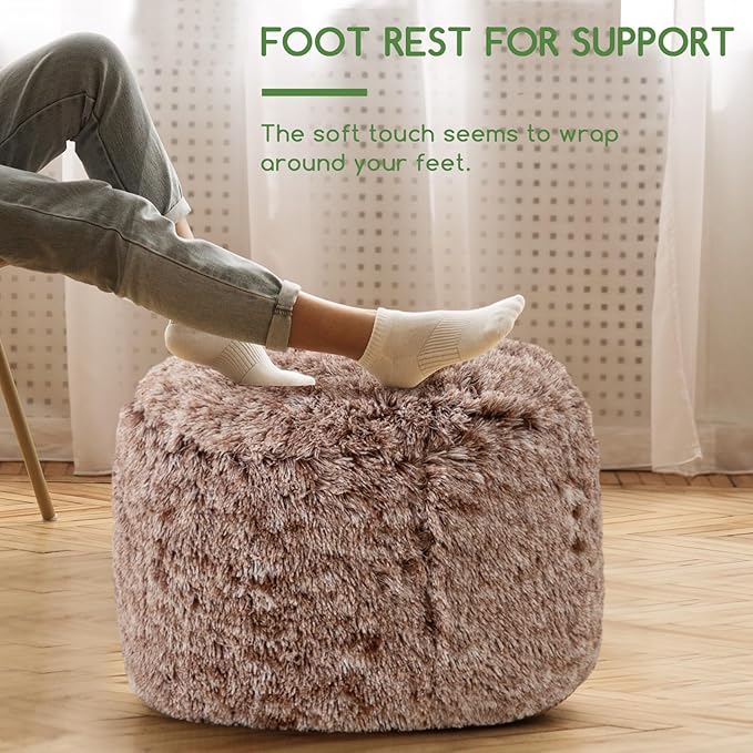 HIGOGOGO Round Stuffed Pouf Ottoman, Long Faux Fur Poufs with Foam Chunk Filling, Fluffy and Furry Pouf Foot Stool Storage Ottoman, 26 X 18 Floor Poufs Foot Rest for Living Room,Coffee-DeskLoop Office