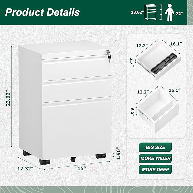 Superday White 3 Drawer Mobile Locking File Cabinet, Metal Rolling Vertical Filing Cabinet with Drawers, Small Under Desk File Cabinets for Office and Home, Fully Assemble-DeskLoop Office