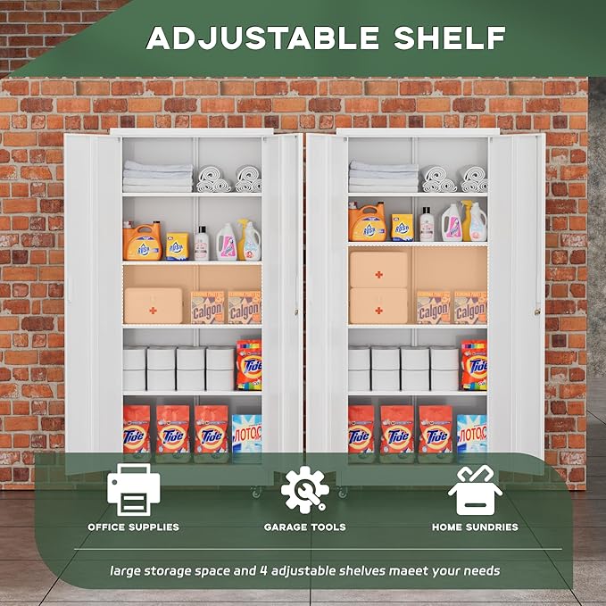 Greenvelly 73" Metal Storage Cabinet with Wheel and Pegboard, Lockable White Metal Garage Cabinets with 2 Doors and 4 Adjustable Shelves, Rolling Steel Tool Cabinet for Garage, Home Office, School-DeskLoop Office
