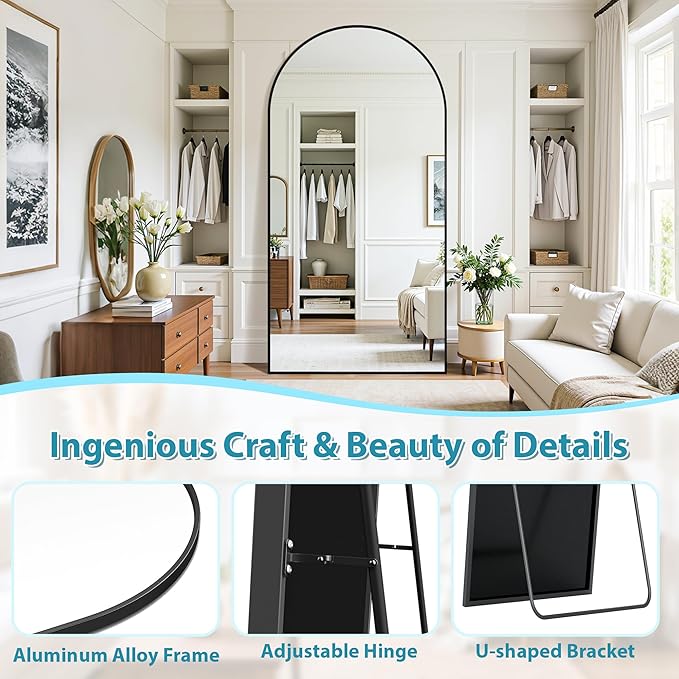 Full Length Mirror, 72"x44" Oversized Floor Mirror Freestanding, Full Body Mirror Floor Standing Mirrors with Stand, Hanging Mounted Mirrors for Bedroom Living Room, Black, Arched Style-DeskLoop Office
