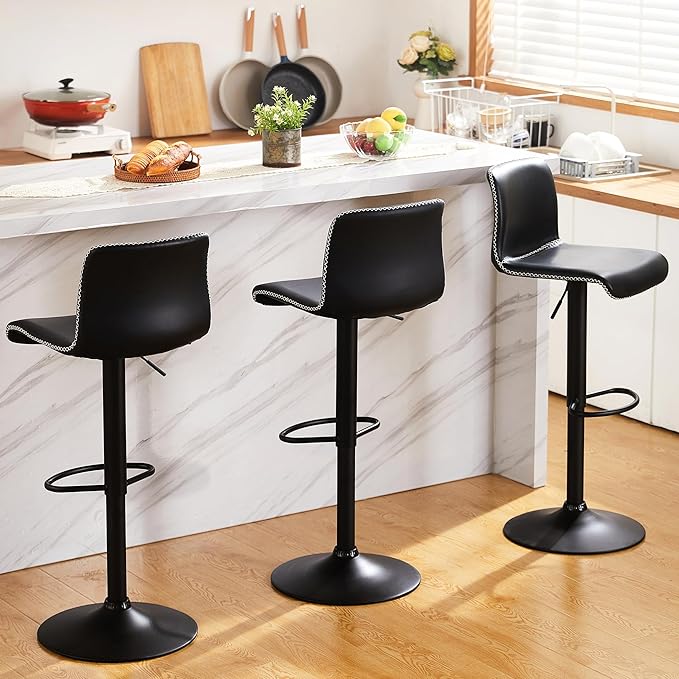 HeuGah Swivel Bar Stools Set of 4, Counter Height Bar Stools with Back, Adjustable Bar Stools 24" to 32", Black Faux Leather Bar Chairs for Kitchen Island (Black, Set of 4 (24'' to 32''))-DeskLoop Office