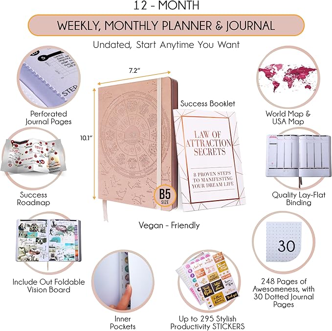Law of Attraction Planner – Undated Hourly, Weekly & Monthly Goal Setting Planner, 12-Month to Increase Productivity | Life & Gratitude Journal, Include Foldable Vision Board, Gift Box & Stickers-DeskLoop Office
