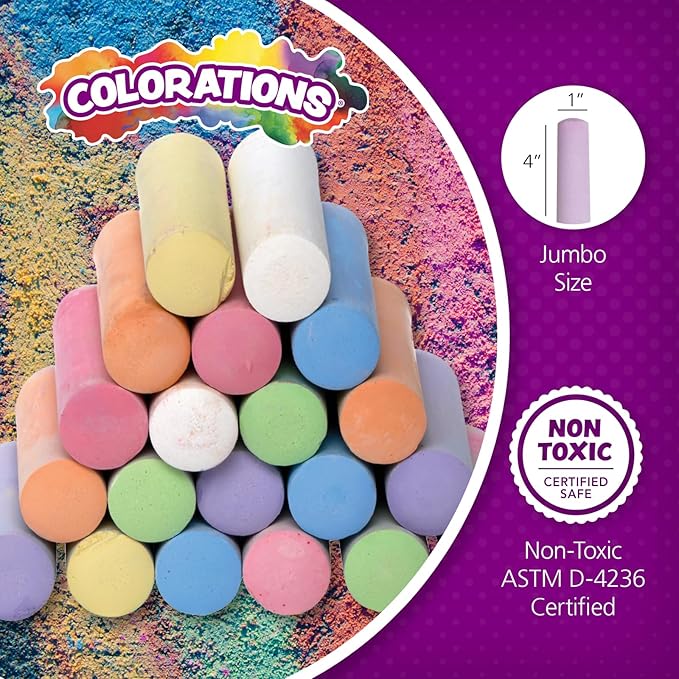 Colorations Sidewalk Chalk – 50pc 4” x 1” Washable, Bright Colored Chalk Set – Fun Kid Art Colors & Patterns – Draw on Classroom Chalkboard or Outdoor Playground – Jumbo Bulk-DeskLoop Office