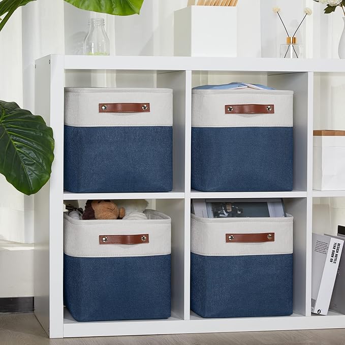 DULLEMELO [Set of 4 Storage Cubes Baskets for Organizing, 11 x 11 x 11 inch Cube Storage Organizer Bins with Leather Handles, Foldable Fabric Cloth Bins for Cube Storage(4 Pack - 11" White&Blue)-DeskLoop Office