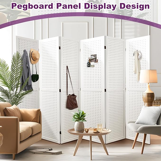 Room Divider, 5.6FT Folding Room Divider Panel, 6 Panel Pegboard Display Wood Partition Wall Divider for Room Separation& Craft Shows, White-DeskLoop Office