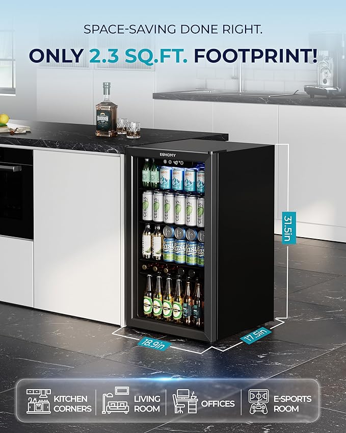 EUHOMY Beverage Refrigerator and Cooler, 128 Can Mini fridge with Glass Door, Small Refrigerator with Adjustable Shelves for Soda Beer or Wine, Home/Bar/Office, Black-DeskLoop Office