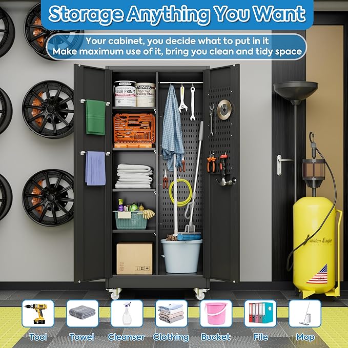 Garage Storage Cabinet with Wheels, Metal Tool Cabinet with Pegboards and 4 Adjustable Shelves, Garage Storage System with Lockable Door for Shools, Offices, Gyms and Pantries, Black-DeskLoop Office